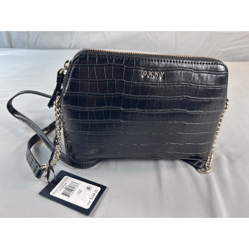 DKNY Croc Embossed Crossbody Bag Black Chain Strap Small Zip Camera Bag
